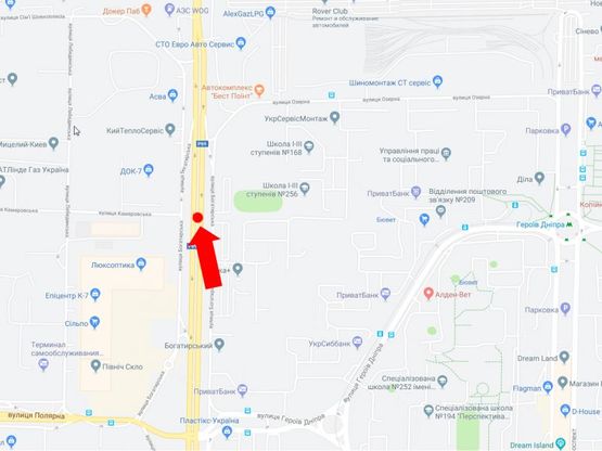 Схема рекламної площини за адресою Богатырская ул, 22-А, разделитель, напротив супермаркетов "Эпицентр", "Сильпо", из центра