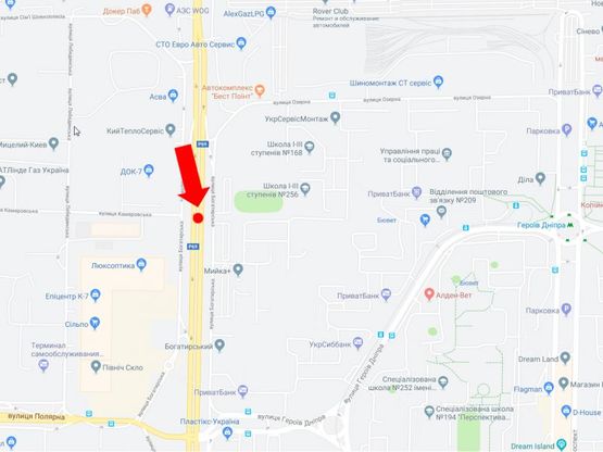 Схема рекламной плоскости по адресу Богатырская ул, 22-А, разделитель, напротив супермаркетов "Эпицентр", "Сильпо", в сторону ст.м. "Почайна"