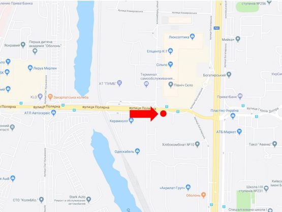 Схема рекламної площини за адресою Полярная ул. 16 - напротив заезда в супермаркеты "Эпицентр", "Сильпо", в сторону ул. Богатырской