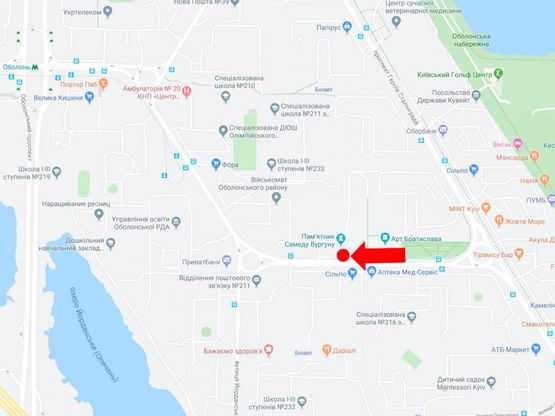 Схема рекламної площини за адресою Архипенко ул. (бывш. М. Залки), напротив супермаркета "Сильпо", в сторону ст.м. "Оболонь"