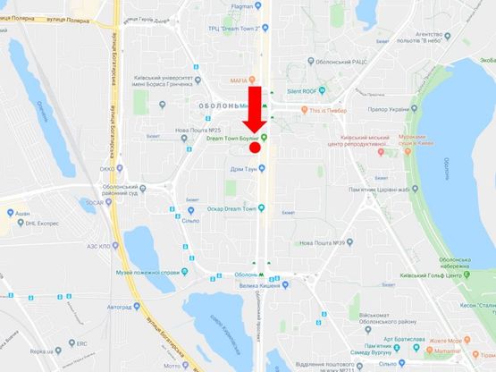 Схема рекламної площини за адресою Оболонский пр., 15, возле ТРЦ "Dream Town", в сторону ст. м. "Оболонь"