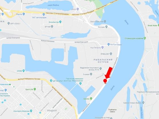 Схема рекламной плоскости по адресу Набережно-Рыбальская ул., перед Подольско-Воскресенским мостом, в сторону Подола