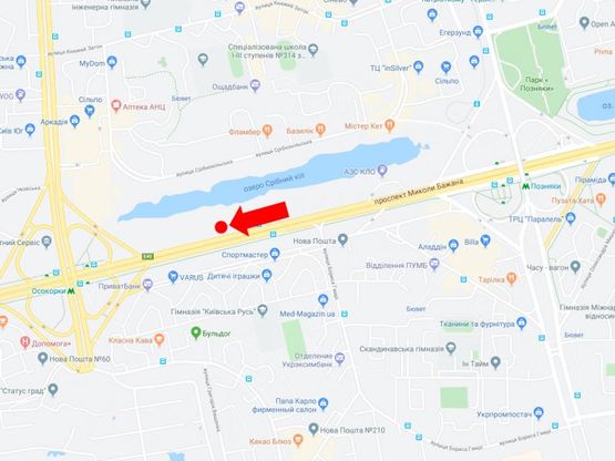 Схема рекламної площини за адресою Бажана пр., 1-Л, 500 м. до ст.м. "Осокорки", в сторону Южного моста