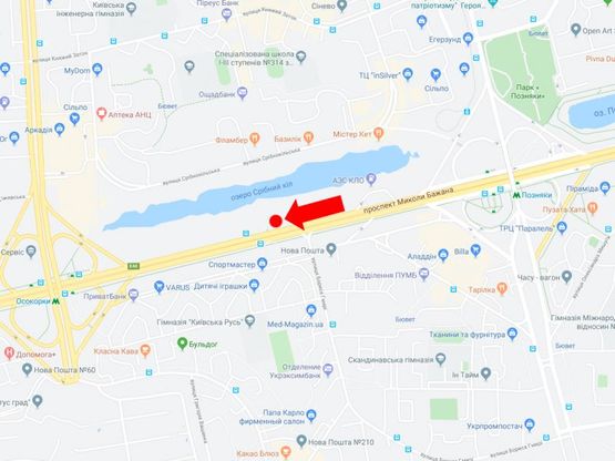 Схема рекламной плоскости по адресу Бажана пр., 1-Л, 700 м. до ст.м. "Осокорки", в сторону Южного моста