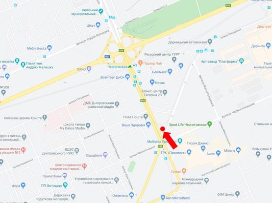 Схема рекламной плоскости по адресу Хоткевича ул. - пр. Гагарина, возле ТРЦ "Проспект", супермаркета "Ашан", на светофоре, в сторону ст.м. "Черниговская"