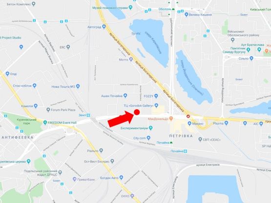 Схема рекламной плоскости по адресу Бандеры пр. (бывш. Московский пр.), 8 - ул. Ермака, возле супермаркетов "Фокстрот", "Ашан", в сторону ст.м. "Почайна", Северного моста