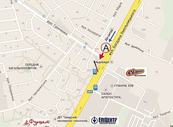 Схема рекламной плоскости по адресу Хмельницького, 245 (за рухом) №2 лівий( Сільпо)