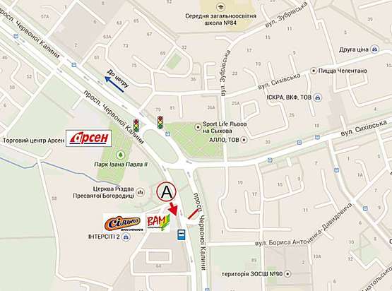 Схема рекламной плоскости по адресу Червоної Калини - Давидовича, (до Санта-Барбари) супермаркет ВАМ-СІЛЬПО