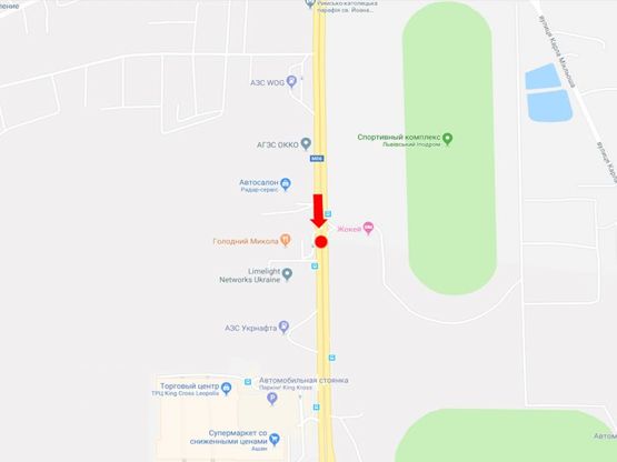 Схема рекламной плоскости по адресу Стрыйская ул., 22, разделитель, возле ипподрома, ТРЦ "King Cross", супермаркетов "Ашан", "Фокстрот", "Эпицентр", из центра