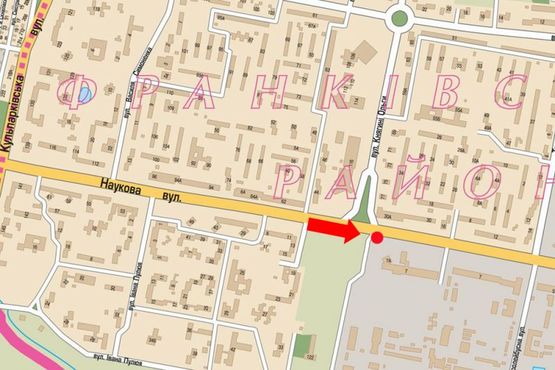 Схема рекламної площини за адресою Научная ул., 11 - ул. Княгини Ольги, возле супермаркета "ВАМ", левый