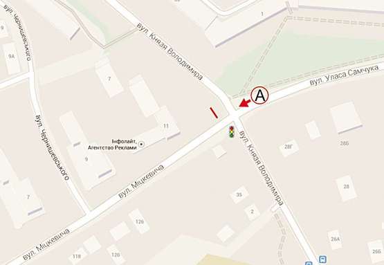 Схема рекламной плоскости по адресу Міцкевича  -  кн. Володимира Буд  №1 ст А