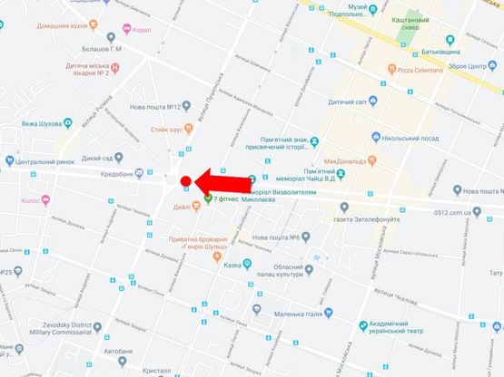 Схема рекламної площини за адресою Центральный пр. (бывш. Ленина пр.) / Пушкинская ул., разделитель, возле супермаркета "Эльдорадо", в сторону порта