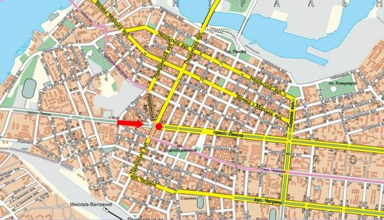 Схема рекламной плоскости по адресу Центральный пр. (бывш. Ленина пр.) / Пушкинская ул., разделитель, возле супермаркета "Эльдорадо", кольцо, в сторону Садовая ул., правая