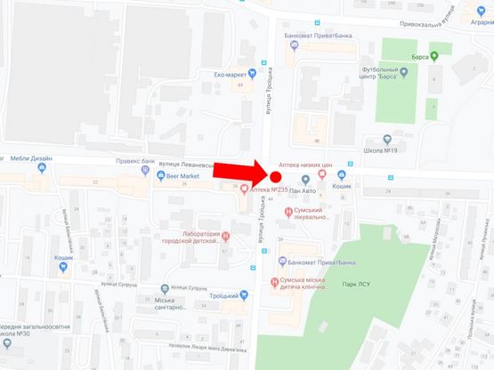 Схема рекламной плоскости по адресу Леваневского ул. / Троицкая  ул. / Харитоненко ул. (бывш. Краснозвездная ул.), в центр