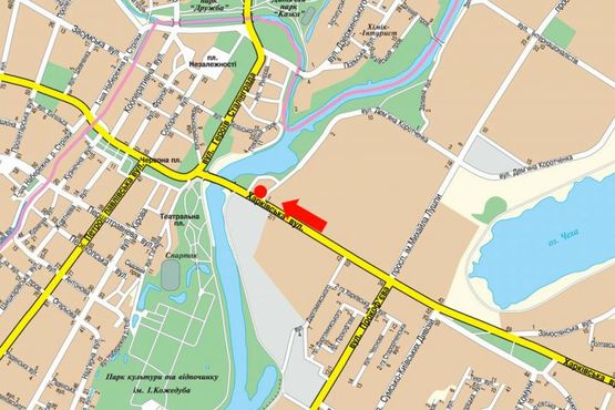 Схема рекламной плоскости по адресу Харьковская ул., 1 / Сирко ул. (бывш. Коротченко ул.), возле ТРЦ "Мануфактура", супермаркетов "Сильпо", "Comfy", в центр