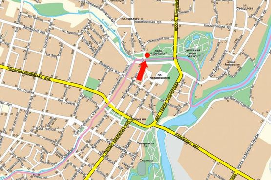 Схема рекламной плоскости по адресу Горького ул., центр, сквер "Дружба", мост через р. Сумка