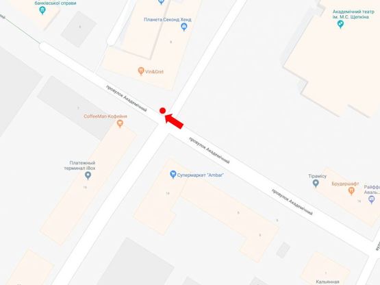 Схема рекламної площини за адресою Кондратьева ул., 8 / Академический пер., возле ресторана "Vin&Gret", театра им. Щепкина