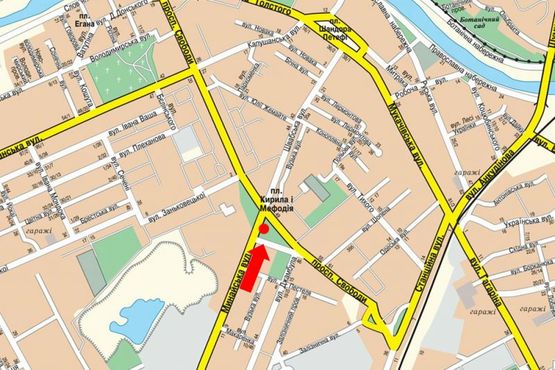 Схема рекламної площини за адресою Минайская ул. - пр. Свободы, пл. Кирилла и Мефодия, возле отеля "Закарпаття", на светофоре, в центр