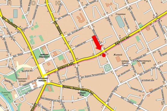 Схема рекламной плоскости по адресу Небесной сотни ул. (бывш. ул. Московская) / ул. Киевская, возле ЦУМа, Житнего рынка, на светофоре