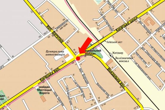 Схема рекламной плоскости по адресу Киевская ул. /Петлюры ул. (бывш. ул. Бородия), возле автовокзала, на светофоре, в центр