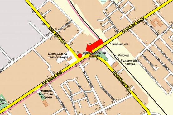 Схема рекламної площини за адресою Киевская ул. / Независимости пр. (бывш. ул. Ватутина), возле автовокзала, на светофоре, в центр