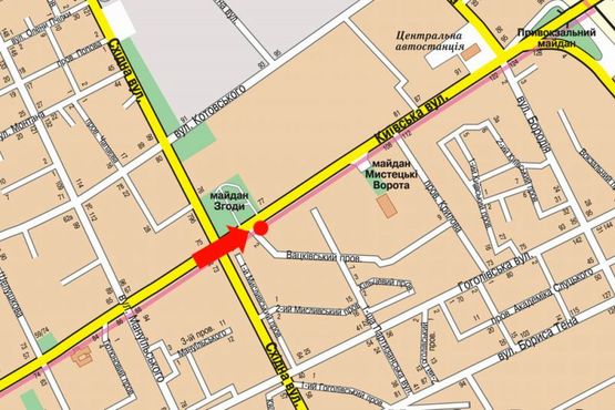 Схема рекламної площини за адресою Киевская ул. / пер. Вацковский, напротив ТРЦ "Глобал", супермаркетов Фокстрот, Эльдорадо, Комфи, Караван