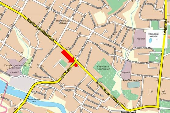 Схема рекламной плоскости по адресу Большая Бердичевская ул. / ул. Жуйко, на светофоре, из центра