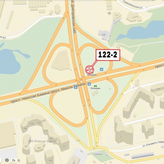Схема рекламної площини за адресою Бажана Н. просп., ст. м "Осокорки", направление на Южный мост (Comfy, Novus, Sport Life, Желтое Море)