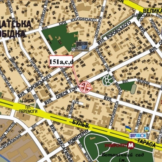 Схема рекламної площини за адресою Гончара О. ул. - ул. Гоголевская, (Фонд Державного майна, ПриватБанк,сквер им.Чкалова) призма, размер 3х4