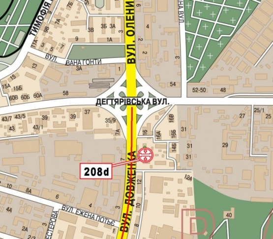 Схема рекламної площини за адресою Довженко ул., 14 (магазин "Энран Акрос", клуб "Ника", в направлении ул. О.Телиги), призма