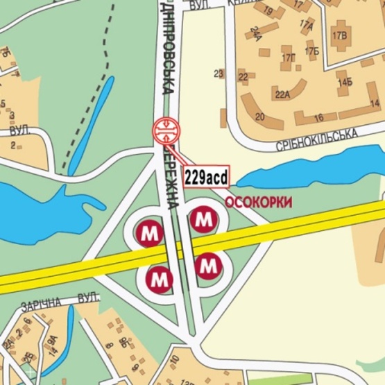 Схема рекламної площини за адресою Днепровская набережная (100 м от ст. м.  Осокорки, ТЦ "Аркадия", "Евробазар", АЗС"WOG," Автосалон Audi, в направлении Железнодорожного моста), призма