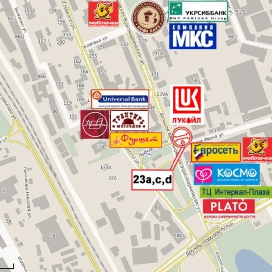 Схема рекламної площини за адресою Красноармейская ул., 141 (фасад)  ст. м. Лыбедская, ТЦ "Интервал Плаза"