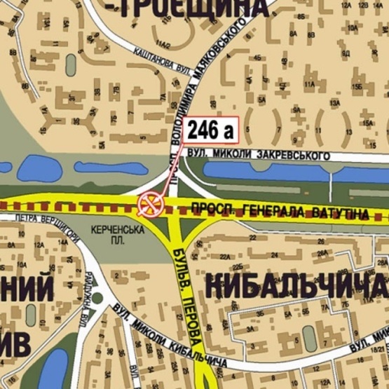 Схема рекламної площини за адресою Ватутина Ген. просп., 22 - бул. Перова (на разделителе, АЗС "WOG", Moto GP салон, направ. Московского моста)