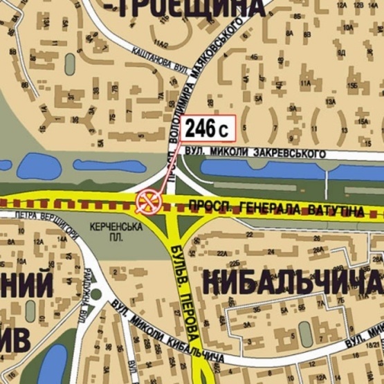 Схема рекламной плоскости по адресу Ватутина Ген. просп., 22 - бул. Перова (на разделителе, АЗС "WOG", Moto GP салон, направ. Московского моста)