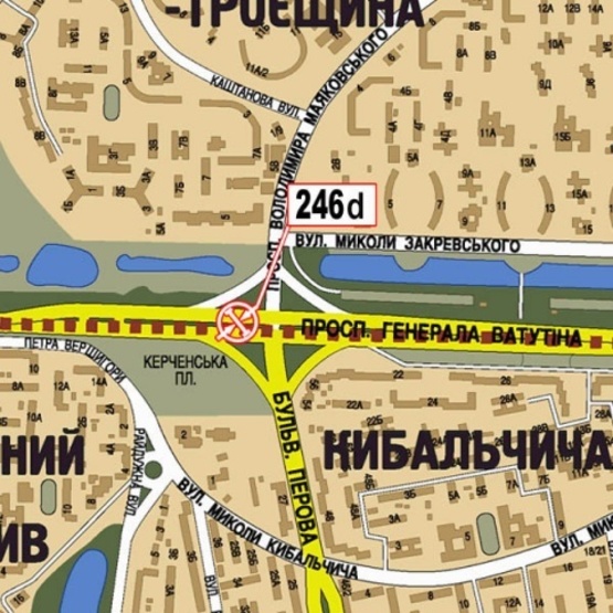 Схема рекламної площини за адресою Ватутина Ген. просп., 22 - бул. Перова (на разделителе, АЗС "WOG", Moto GP салон, направ. Московского моста)