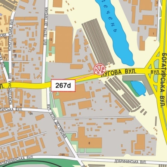 Схема рекламної площини за адресою Луговая ул., 13 напротив ТЦ "Караван", АЗС "Золотой гепард", АЗС "Socar", по направлению Оболони), призма