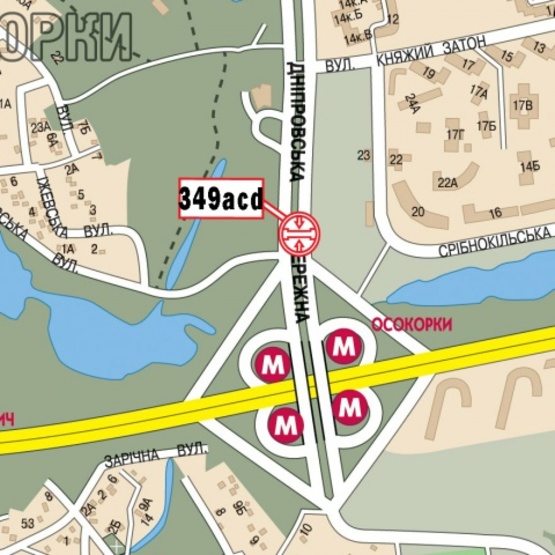 Схема рекламної площини за адресою Днепровская набережная (100 м от ст. м.  Осокорки, ТЦ "Аркадия", АЗС "WOG", "Евробазар", в направлении Бажана Н. просп.)