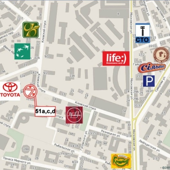 Схема рекламной плоскости по адресу Кловский спуск, 14, (Правекс Банк, Укртрансгаз, "Bereznitsky Gallery", UniCredit банк, мото "Biker Store"), в направ. ул. Институтской,  призма