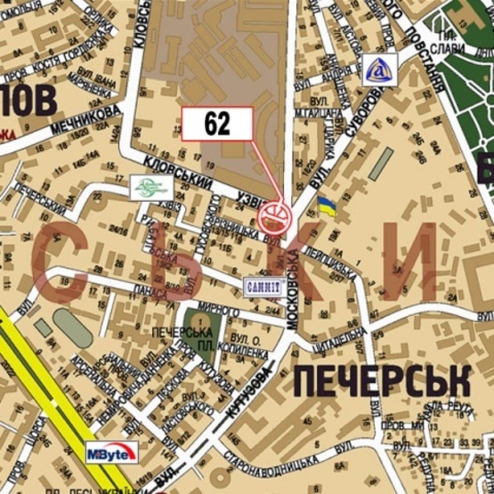 Схема рекламної площини за адресою Московская ул., 30 - Кловский спуск (фасад), кинотеатр "Зоряний", музей "Культурного наследия", ресторан "Shooters",направ. ул. Кутузова призма верхняя