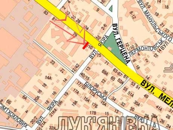 Схема рекламної площини за адресою Мельникова ул., 77 светофор ул.Якира, в центр