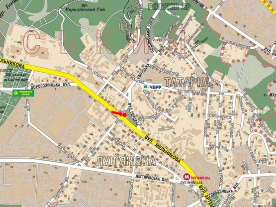 Схема рекламной плоскости по адресу Мельникова ул. / ул. Якира, светофор, в сторону ст. м. "Лукьяновская", в центр