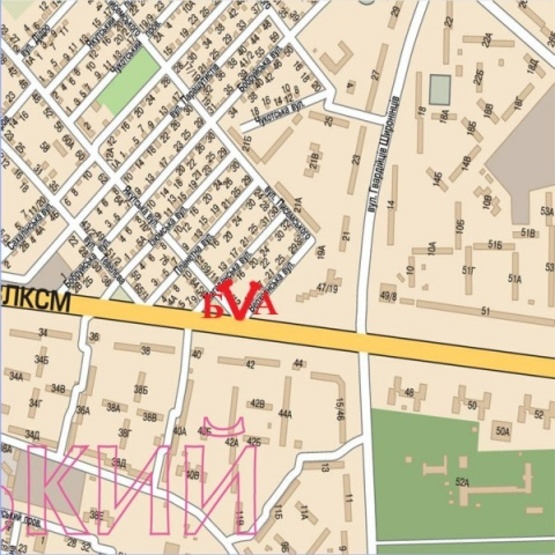 Схема рекламної площини за адресою Юбилейный просп.(50-ти летия ВЛКСМ просп) - Верхоянская ул., (Hotel&Spa "Miami", бильярд, маркет "Дигма", ПриватБанк, Библиотека), в направл. ул. Академика Павлова