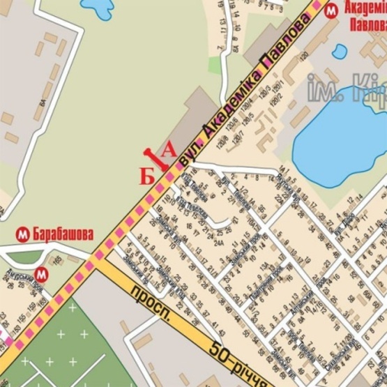 Схема рекламної площини за адресою Павлова Ак. ул. - Якутская ул., (ТЦ "Барабашово", шиномонтаж, 300м. к ст. м .Академика Барабашова, Дисконт-Центр Adidas/Reebok), направл. в центр