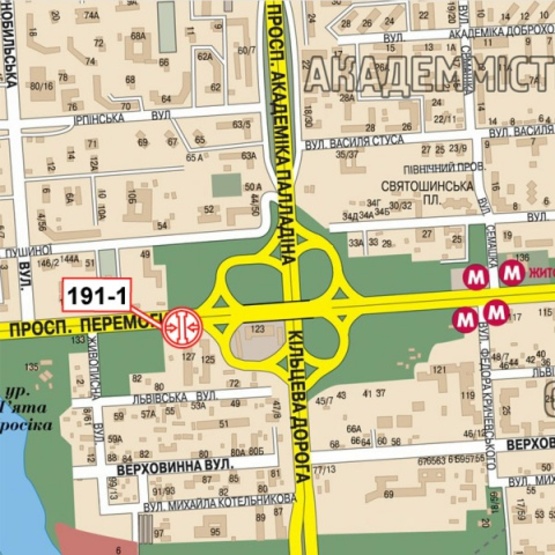 Схема рекламной плоскости по адресу Победы просп./ съезд на Кольцевую дорогу (Киевский международный Ин-т,в сторону центра города)