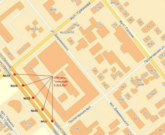 Схема рекламной плоскости по адресу вул. Фортечна — вул. Пролетарська