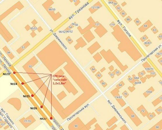 Схема рекламной плоскости по адресу вул. Фортечна — вул. Пролетарська