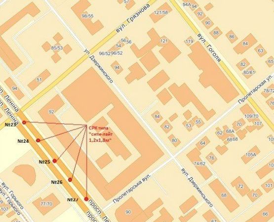 Схема рекламной плоскости по адресу вул. Фортечна — вул. Пролетарська
