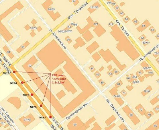 Схема рекламной плоскости по адресу вул. Фортечна — вул. Пролетарська