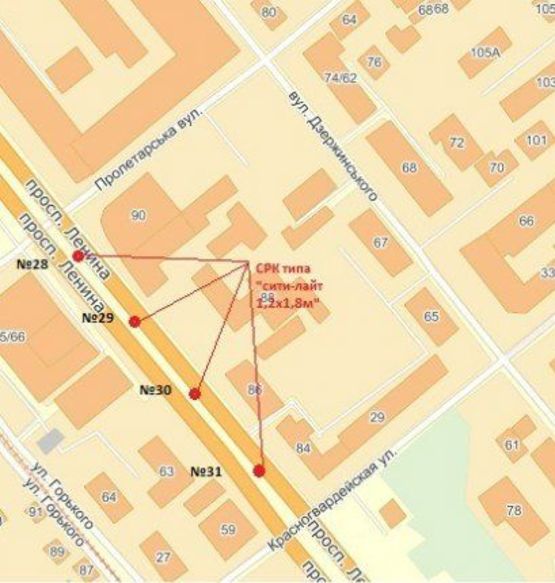 Схема рекламной плоскости по адресу вул. Пролетарська — вул. Перша ливарна