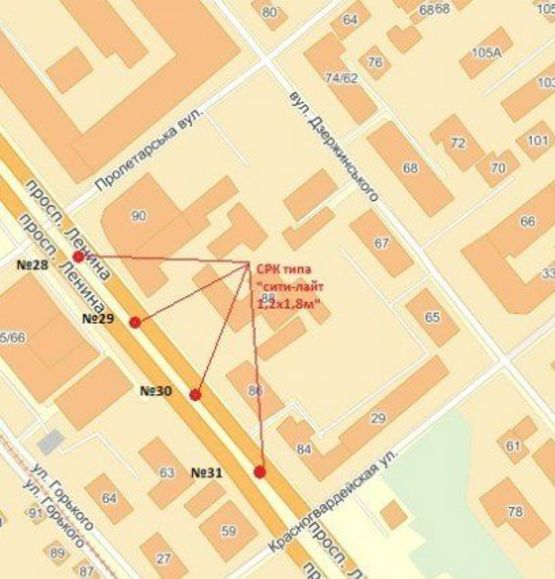 Схема рекламной плоскости по адресу вул. Пролетарська — вул. Перша ливарна